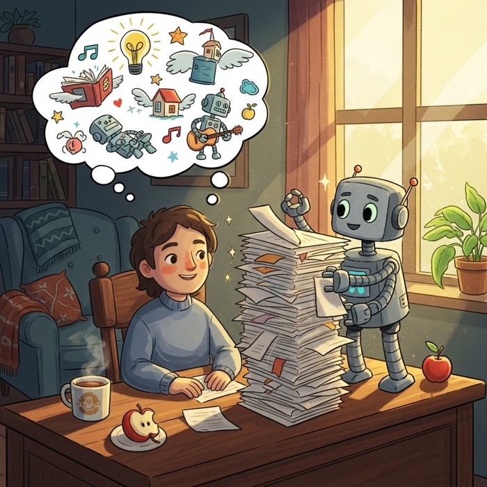 A smiling person at a desk thinking of creative ideas in a thought bubble, while a small friendly robot beside them sorts through a tall stack of paperwork with ease.