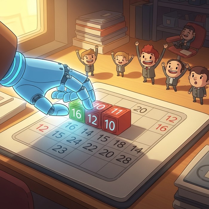 A digital calendar with colorful time blocks being rearranged by a glowing blue robotic hand, while tiny cartoon office workers cheer in the background.
