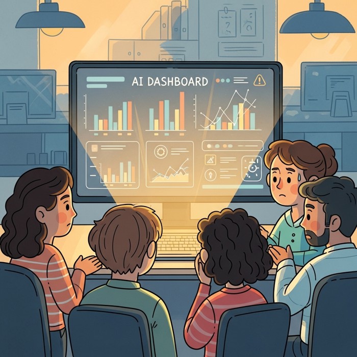 A glowing AI dashboard on a large screen showing colorful bar charts and alert icons, with a small team of workers gathering around it with concerned but curious expressions.