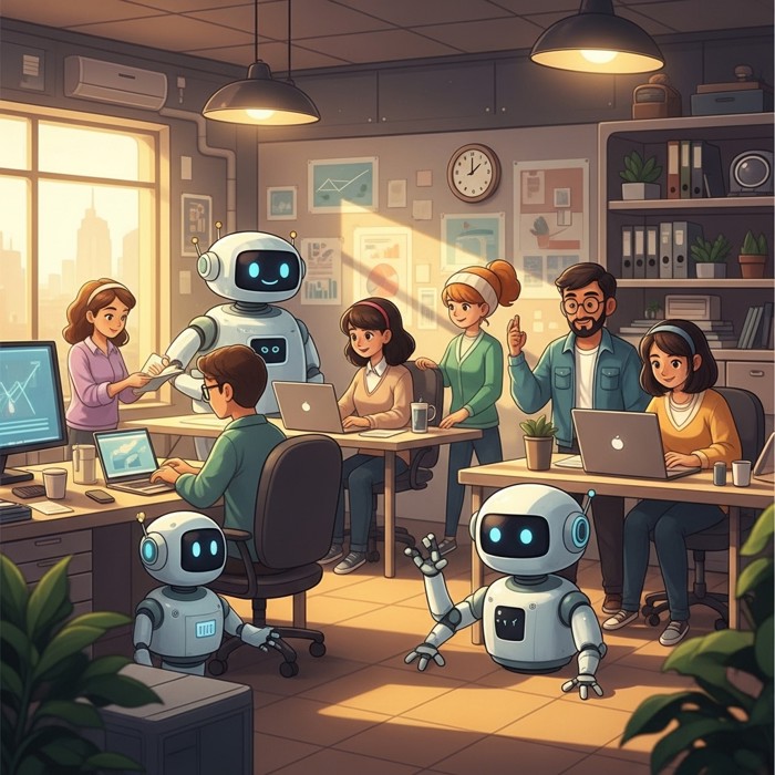 A group of diverse people in futuristic offices working alongside friendly robots, with bright colors, large windows, and a feeling of energy and creativity.