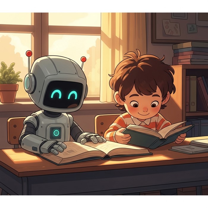 A cheerful child and a small robot sitting side by side at a classroom table, both reading a big open book, warm afternoon light streaming through the window.