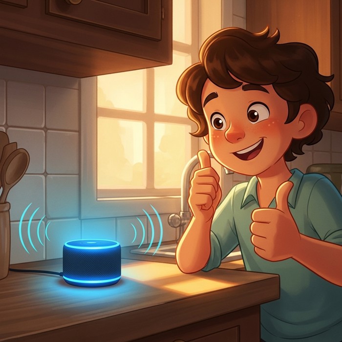 A small smart speaker on a kitchen counter glowing blue, with sound waves coming out of it, while a person nearby smiles and gives a thumbs up.