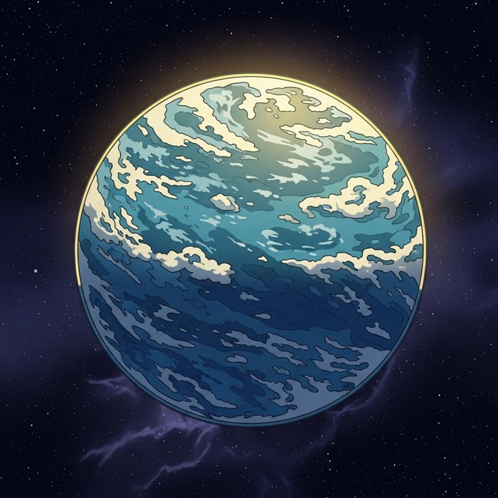 An illustration of a blue-green Earth-like exoplanet with swirling clouds and oceans, glowing softly against the darkness of deep space