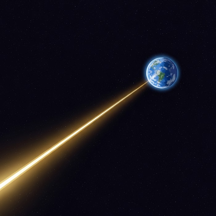 An artistic illustration showing a thin beam of starlight traveling across vast dark space toward a distant blue Earth, emphasizing the immense distance