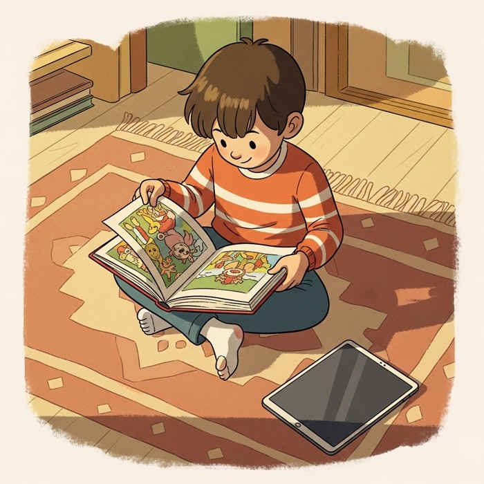 A child sitting cross-legged on a rug, flipping through a colorful picture book, a tablet with a dark screen resting beside them