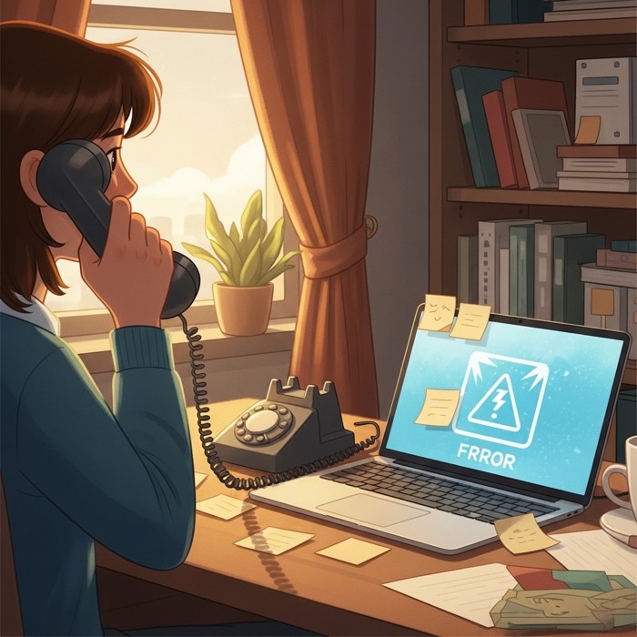 An office worker holding an old-style telephone receiver to their ear, a laptop screen frozen with an error icon, sticky notes scattered on the desk