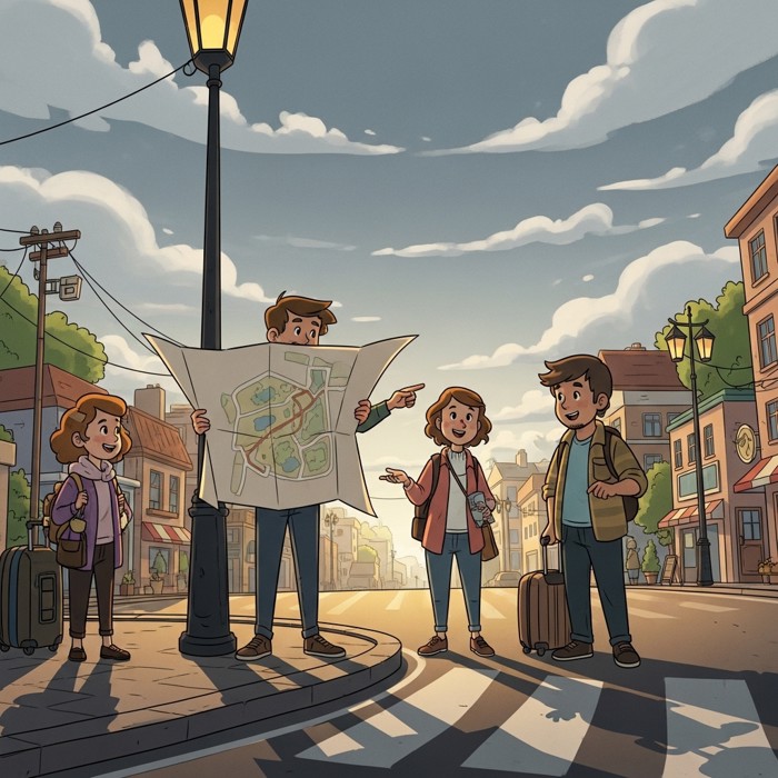 A traveler unfolding a large paper map on a street corner, pointing and asking a passerby for directions under a cloudy afternoon sky
