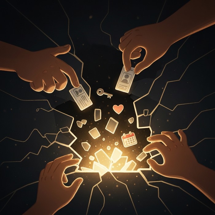A cracked digital vault spilling glowing data fragments into darkness, shadowy hands reaching in to grab scattered personal information icons