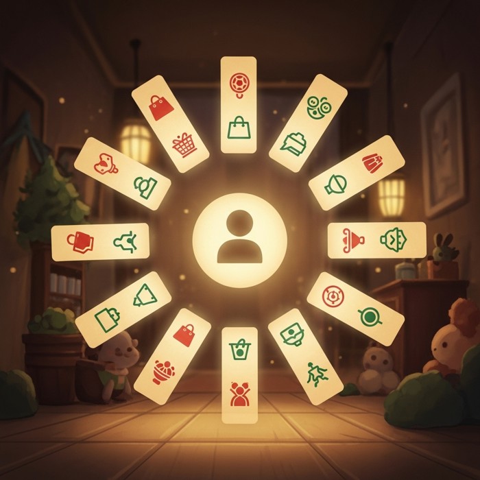 Rows of glowing advertisement banners orbiting a central user silhouette icon, each ad tailored with symbols matching shopping and hobby interests
