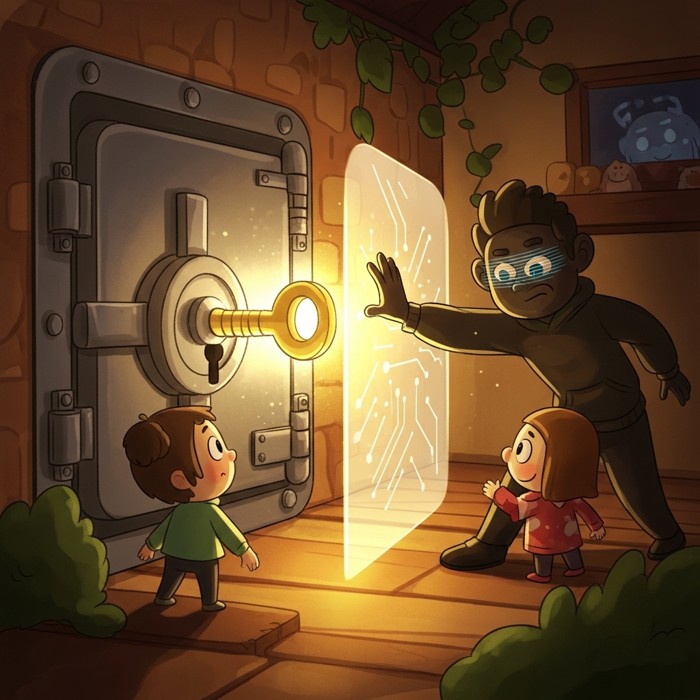 A glowing golden key locking a vault door while a shadowy hacker figure reaches toward it and is blocked by a bright barrier of light