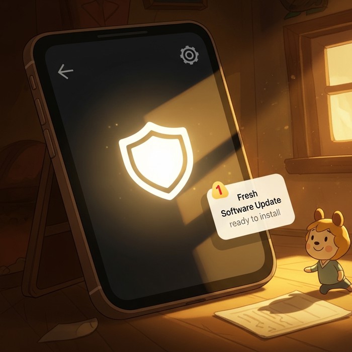 A glowing shield icon on a settings screen, a small notification badge showing a fresh software update ready to install