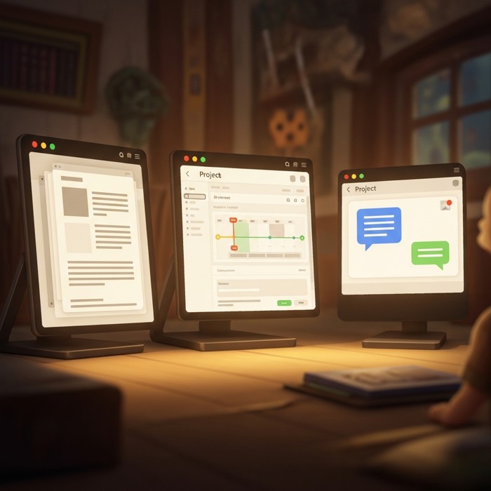 Three glowing screens side by side showing a document, a project timeline, and a chat bubble, each representing a different tool's specific purpose