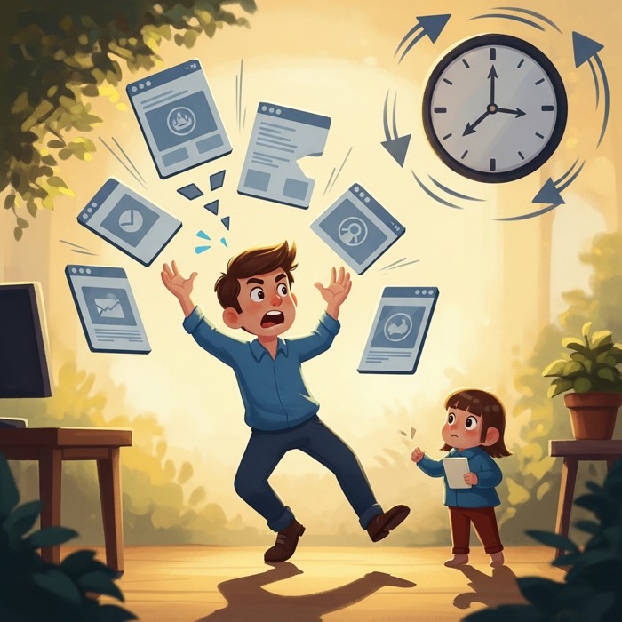A frustrated worker juggling several disconnected app windows in mid-air, a clock spinning rapidly in the background to show wasted time