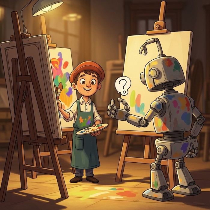 An artist and a mechanical robotic arm standing side by side at easels, the human's canvas filled with imaginative, colorful brushstrokes while the robot's canvas remains blank and uncertain
