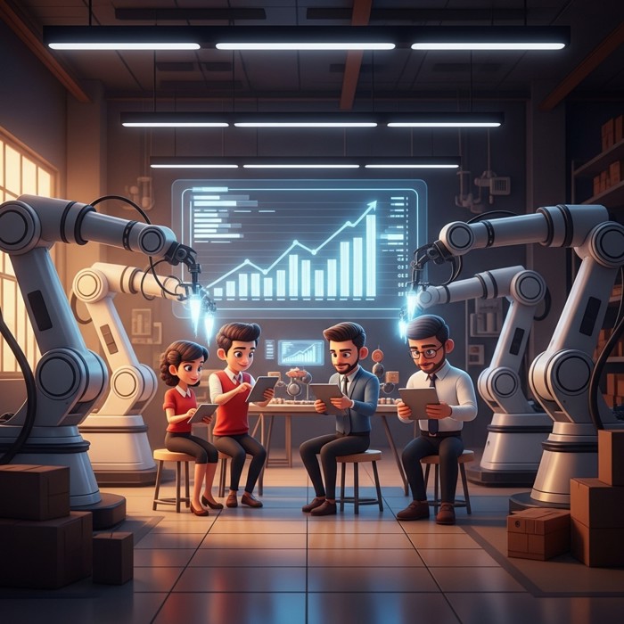 A modern factory floor where sleek white robotic arms work alongside a small group of executives studying tablets, glowing charts of rising productivity displayed on a large screen behind them