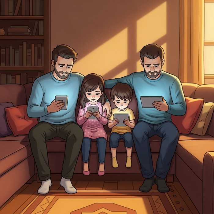 A family sitting together on a couch, each person absorbed in their own glowing phone or tablet screen, faces lit by the devices while they sit physically close but emotionally distant
