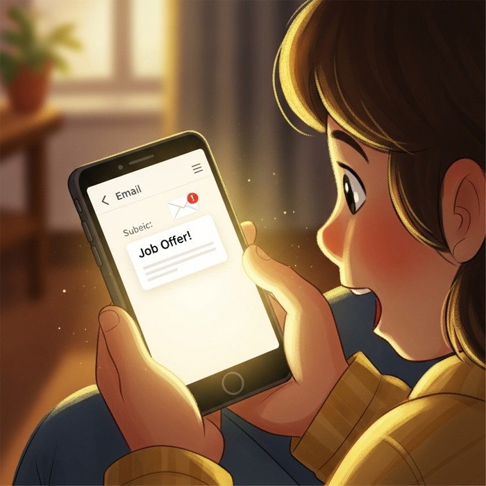 A smartphone screen glowing with a new email notification announcing a job offer, held in an excited person's hand.