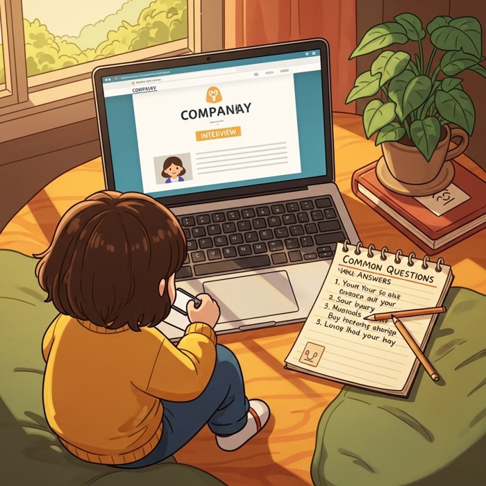 A laptop screen showing the company's website open beside handwritten notes listing common interview questions and answers.