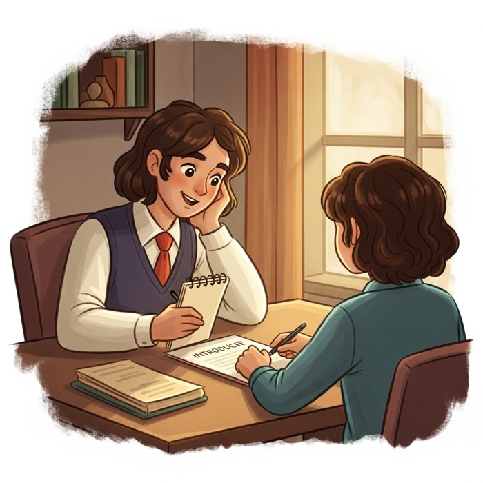 An interviewer leaning back with a notepad, warmly asking a candidate seated across the desk to introduce themselves.