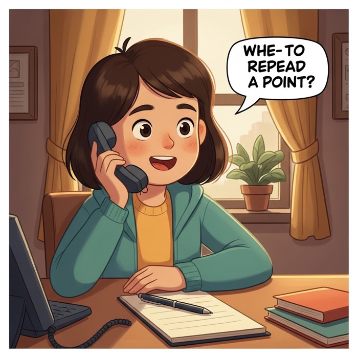 A person politely asking the caller to repeat a point, notepad and pen ready on the desk in front of them