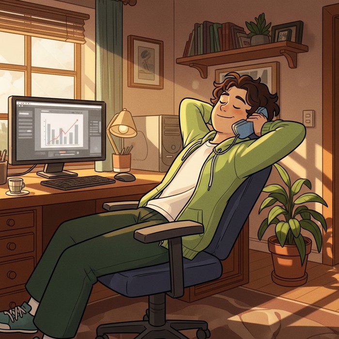 A relaxed person leaning back in a home office chair with a satisfied smile after a smoothly finished phone interview