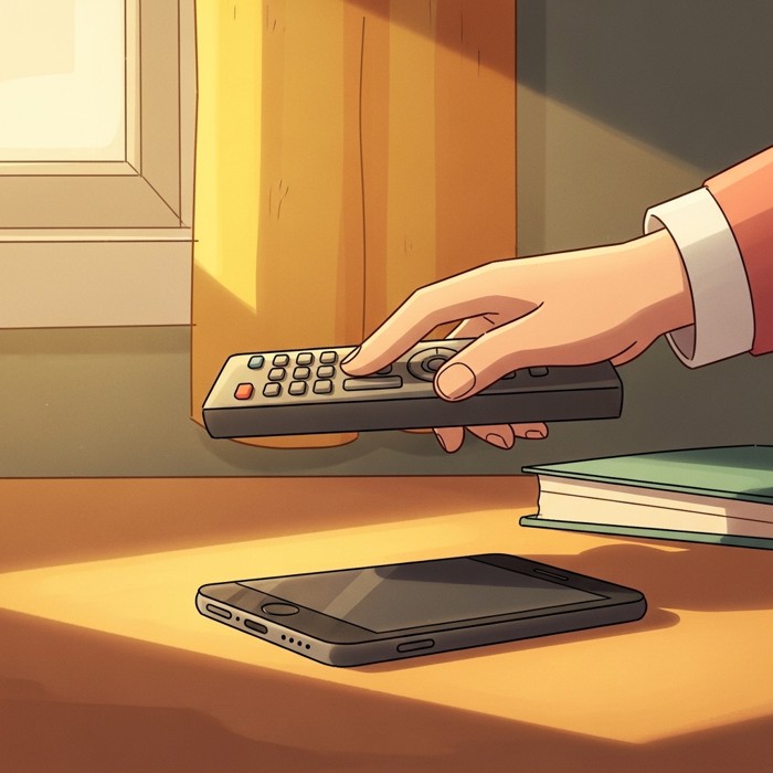 A hand reaching to switch off a television remote while a smartphone lies face down on a quiet desk