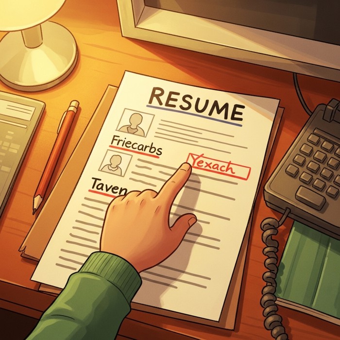 A hand pointing to a highlighted line on a resume spread out on a desk during a phone call