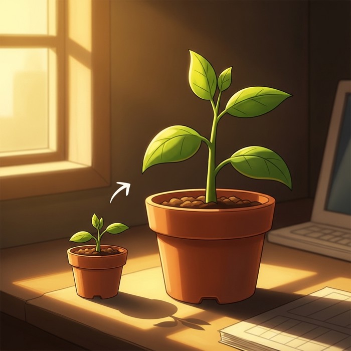 A small plant growing steadily in a pot on a desk, symbolizing a candidate's personal growth and improvement over time.