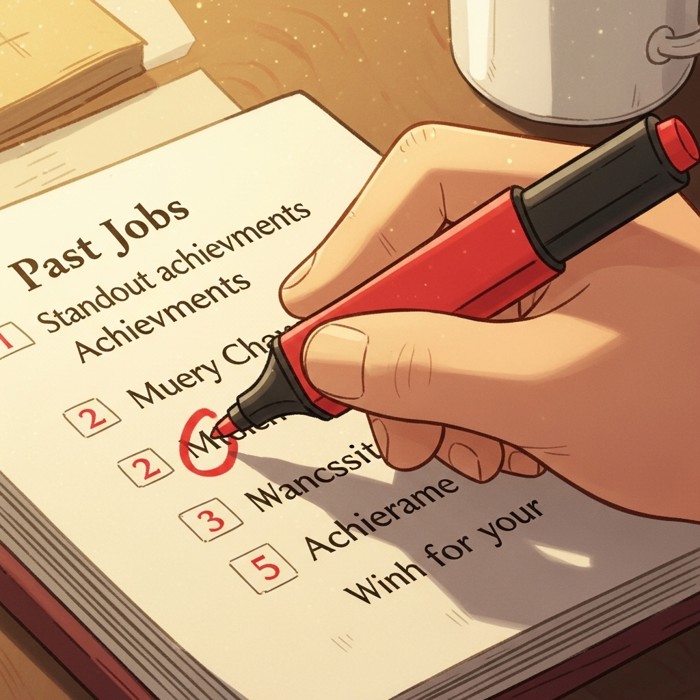 A hand circling two or three standout achievements on a printed list of past jobs with a red highlighter pen.