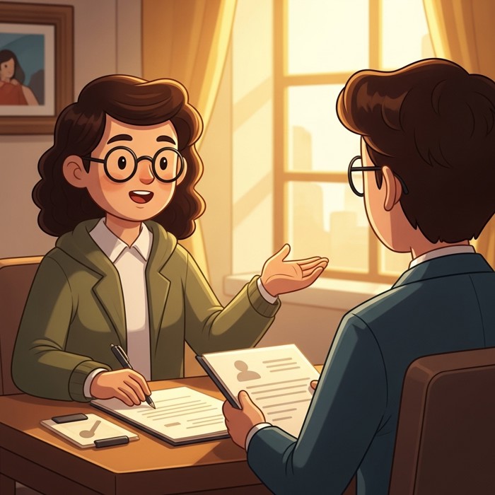 A candidate speaking confidently while gesturing with an open hand, briefly summarizing their background and skills to an interviewer