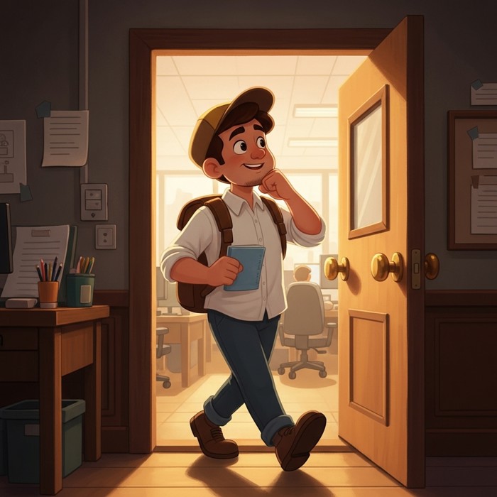 A candidate walking confidently through an office door, chin up and smiling, radiating a strong, memorable first impression
