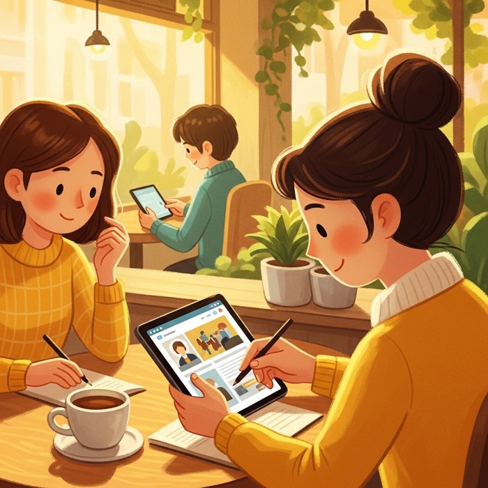 A candidate scrolling through a company's website on a tablet at a cafe table, taking notes before an upcoming interview