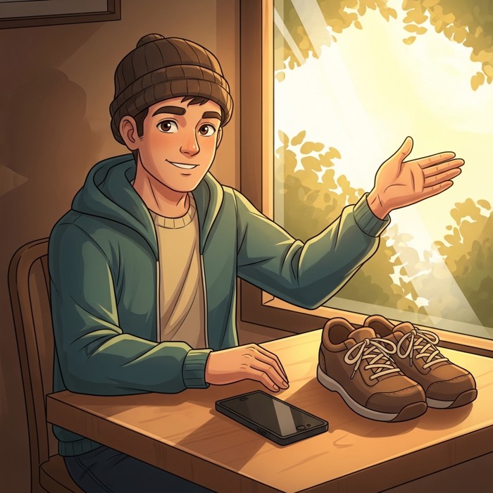A young man smiling warmly while gesturing toward the outdoors, a pair of walking shoes and a phone resting on the cafe table between them as he suggests small comforting steps