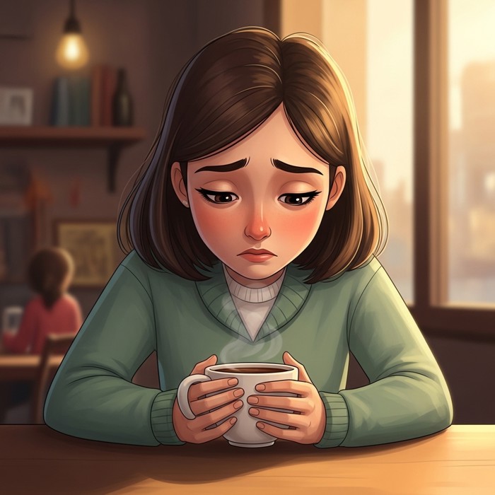 A close-up of a young woman at a cafe table, eyes downcast and voice soft, hands wrapped around a warm cup as she quietly admits how she has been feeling