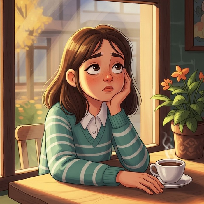 A young woman gazing out of a cafe window with a distant, weary expression, her hands resting still on the table, conveying tiredness and quiet disconnection