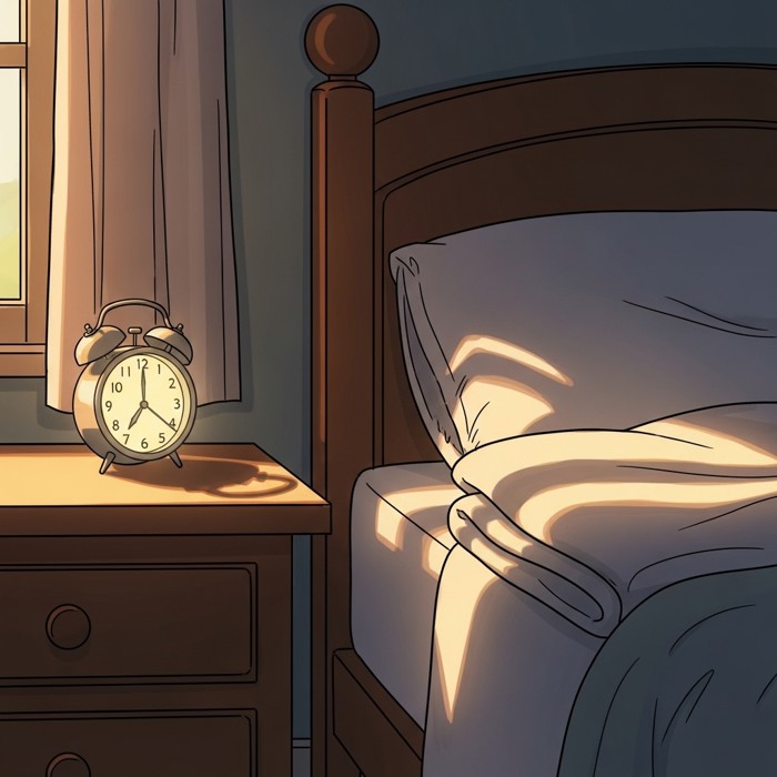 A tidy bedside table with a softly glowing alarm clock showing early morning, warm sunlight beginning to spill across a neatly folded blanket, suggesting a calm start to the day