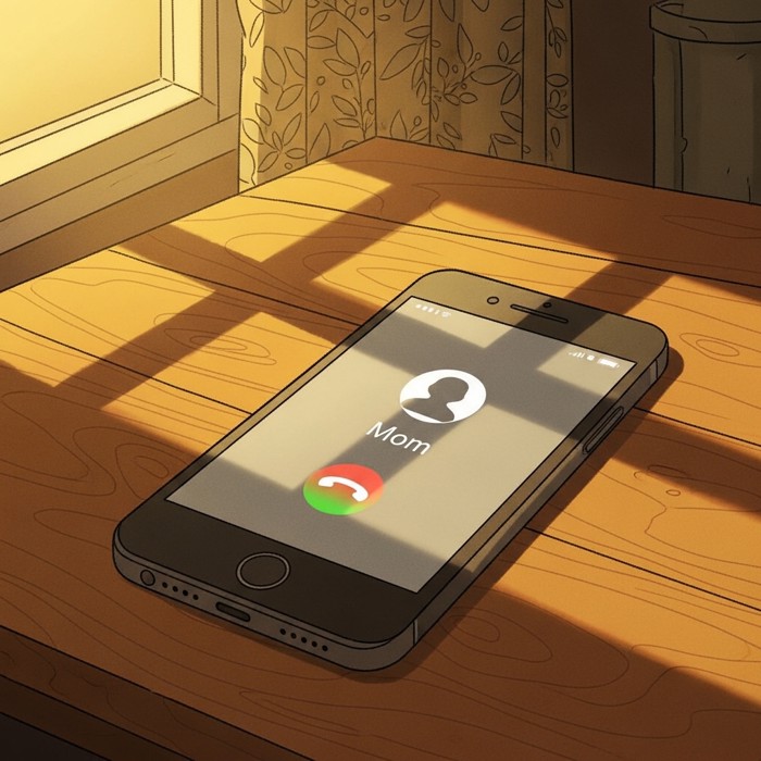 A smartphone resting on a table showing a familiar contact name ready to call, soft warm light suggesting the comfort of reaching out to someone trusted