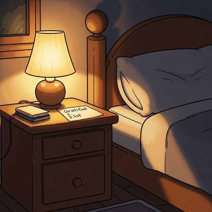 A handwritten gratitude list with three short lines lying on a nightstand beside a softly glowing lamp, a cosy bed waiting in the dim evening light