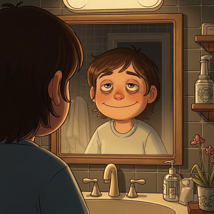 A person forcing a stiff smile in a mirror while their eyes look tired and distant, dim bathroom light emphasising the gap between the smile and how they truly feel