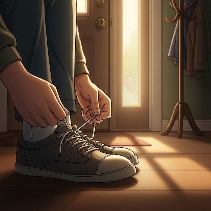 A hand tying the laces of a pair of shoes by the front door in soft morning light, a small determined action suggesting a renewed sense of control
