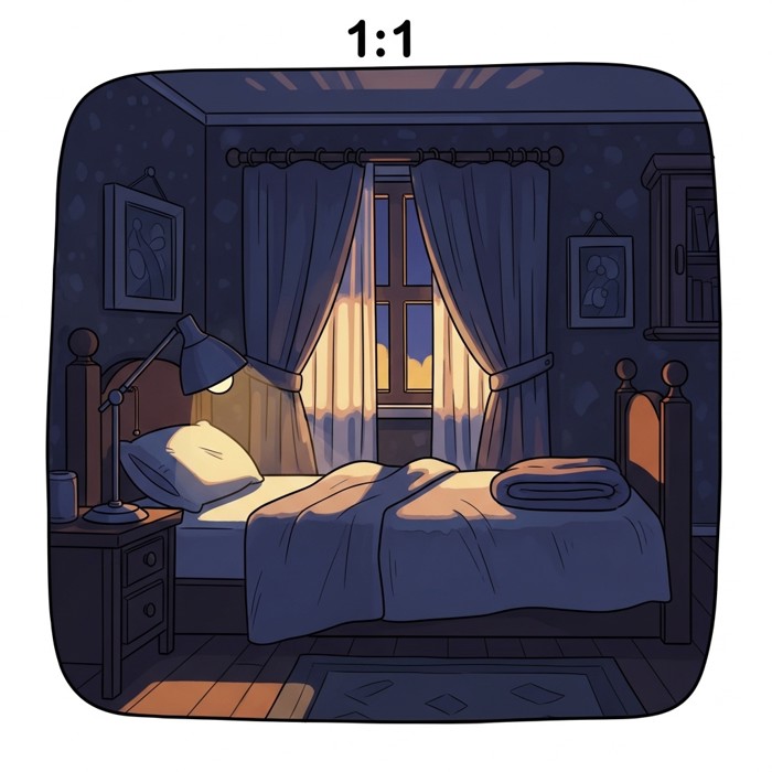 A softly lit bedroom with a made bed and drawn curtains at dusk, a folded blanket and dimmed lamp suggesting preparation for restful sleep