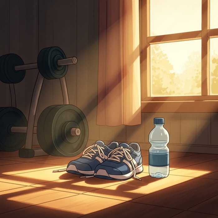 A pair of running shoes and a water bottle placed on a sunlit gym floor, ready for a workout, morning light streaming through a nearby window