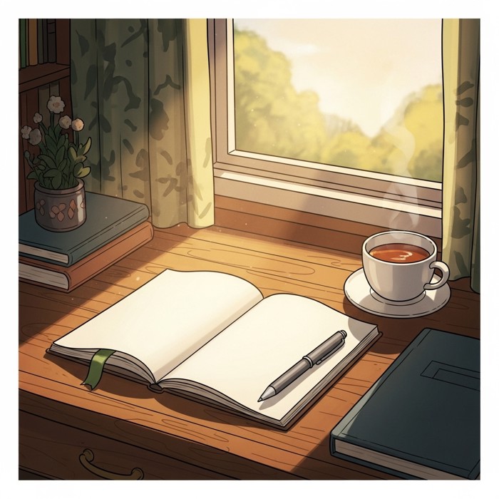 A blank open journal and a pen resting on a wooden desk beside a warm cup of tea, soft afternoon light inviting quiet reflection