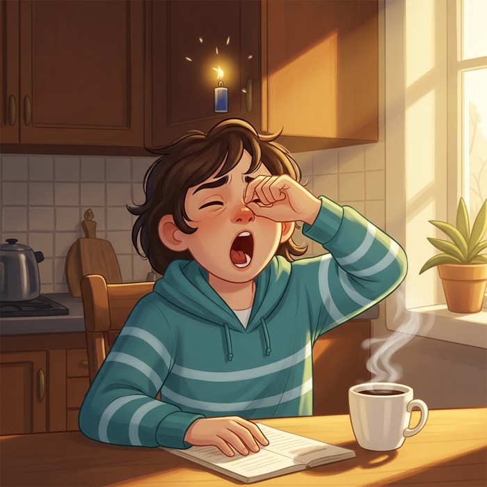 A yawning person rubbing tired eyes at a bright morning kitchen table, an untouched cup of coffee beside them, a faint short-fuse glow flickering above their head