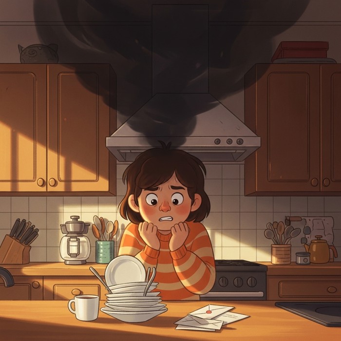 A person at a kitchen counter staring at a small pile of dishes and mail, shoulders tense and eyes wide, dark swirling shadows looming behind them like an invisible weight