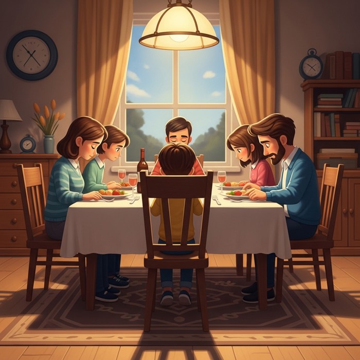A family seated at a dinner table but each person looking down at their own plate in silence, an empty chair pulled slightly away, a subtle distance visible between them