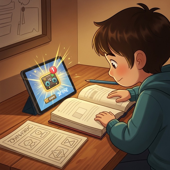 A student staring at a game notification flashing on a tablet screen, a textbook lying forgotten open beside an unfinished worksheet on the desk