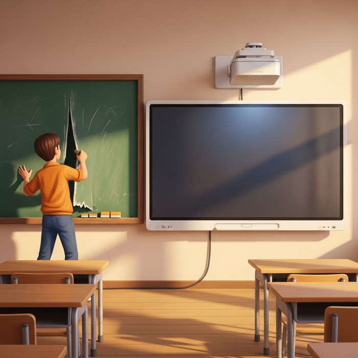 A worker lifting a dusty green chalkboard off a classroom wall while a sleek new interactive whiteboard stands ready beside it, its screen glowing faintly