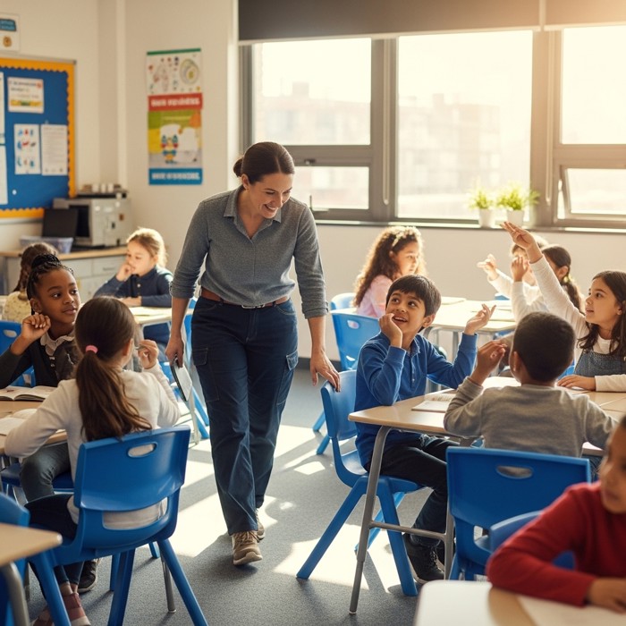 A teacher walking between desks, leaning down to ask a student a guiding question instead of lecturing, while students discuss actively among themselves