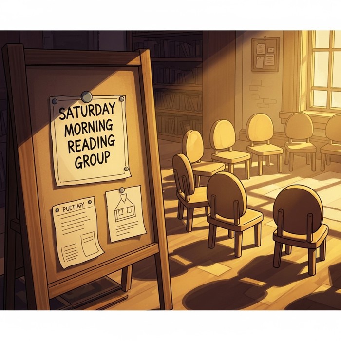 A handwritten sign announcing a Saturday morning reading group pinned to a library noticeboard, a circle of empty chairs arranged nearby waiting to be filled